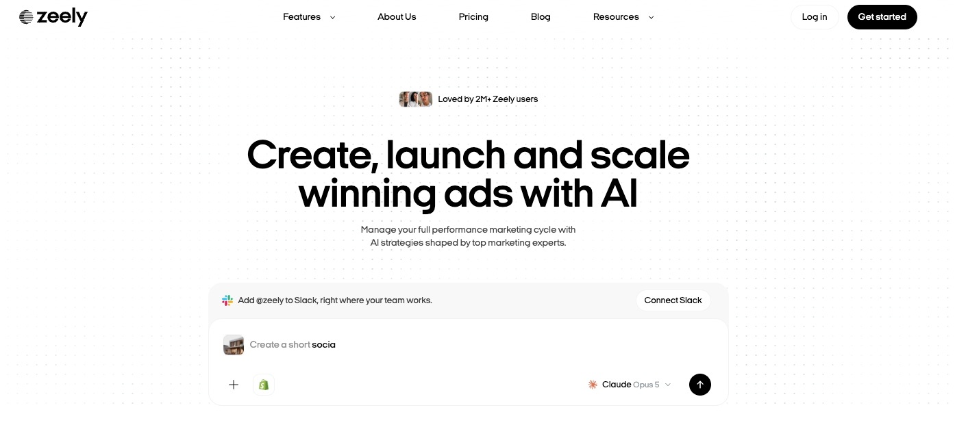 Zeely homepage with a headline about creating and scaling ads with AI.