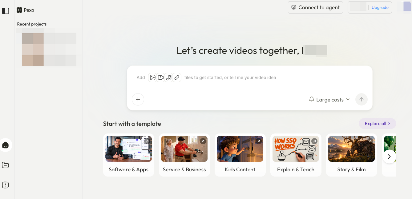 Pexo workspace with a video brief field and starter templates.