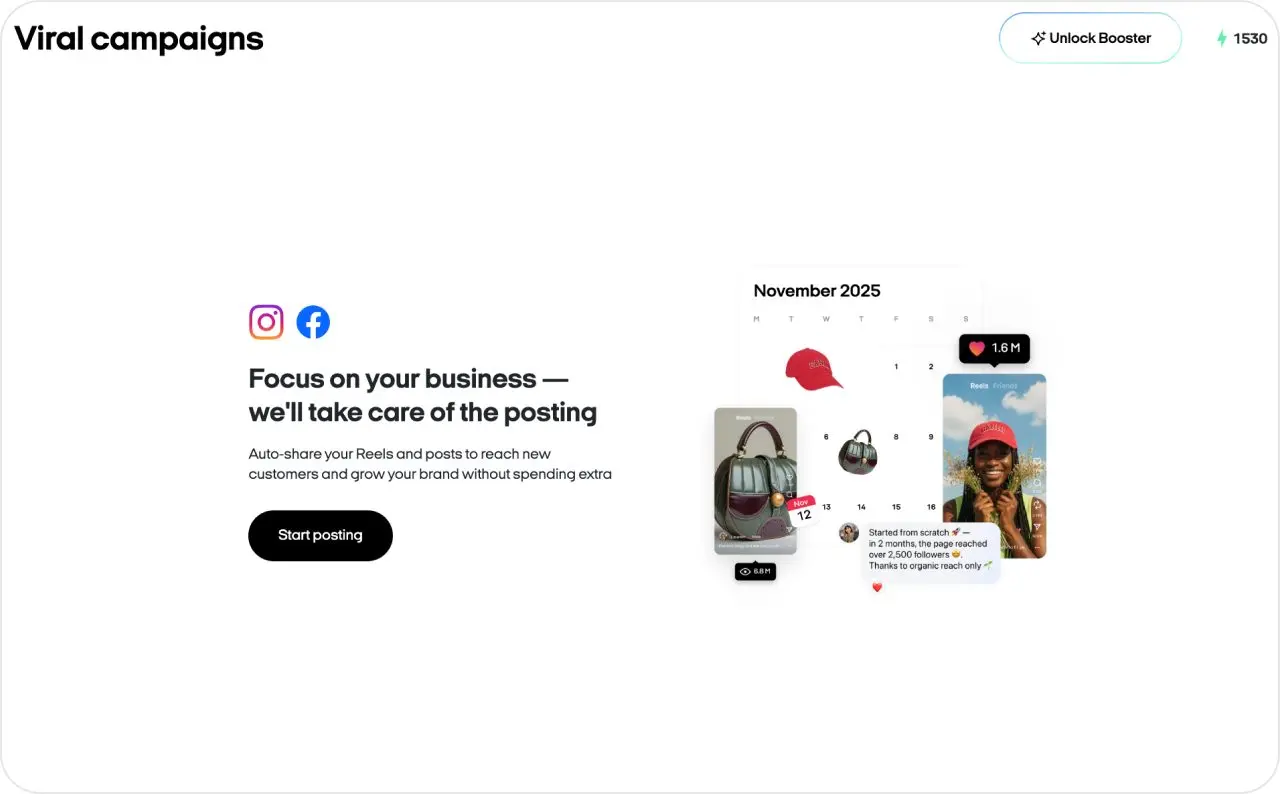 Zeely viral campaigns page showing Instagram and Facebook posting options.
