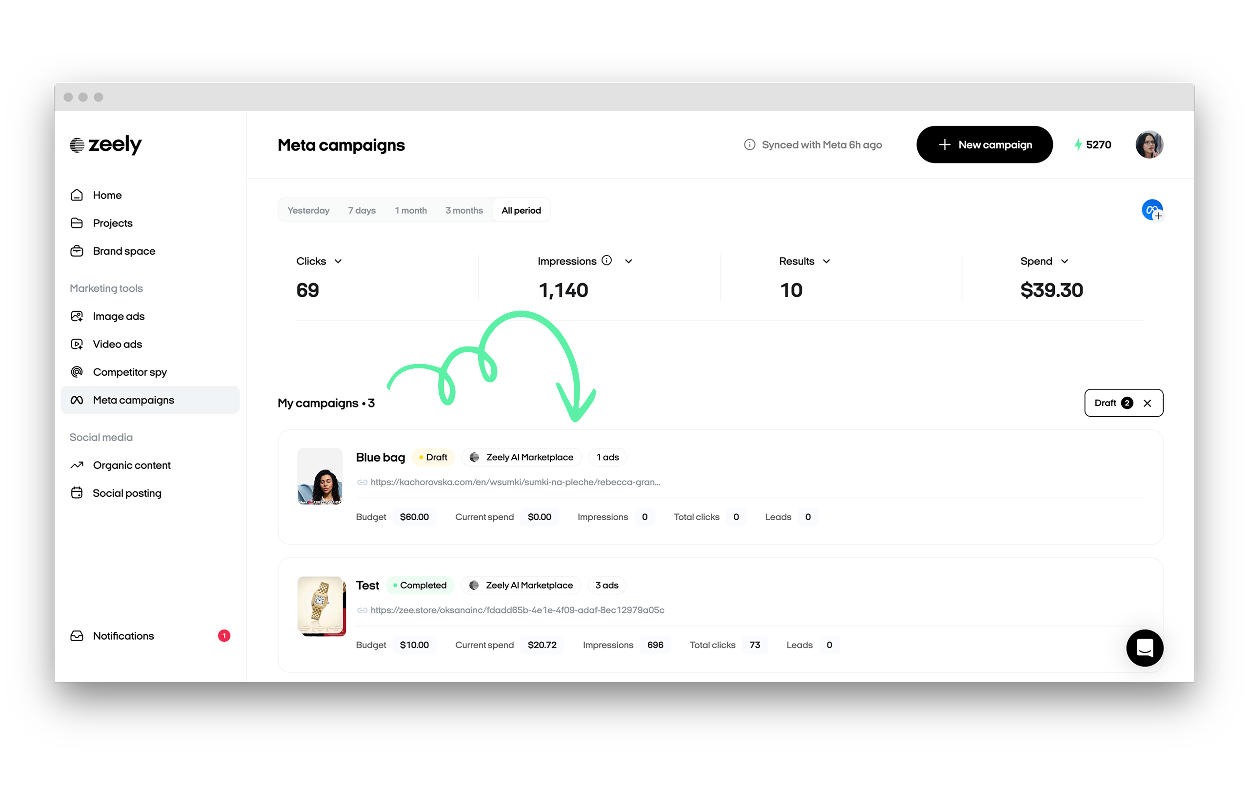 Zeely Meta campaigns dashboard with campaign metrics and draft campaign cards.