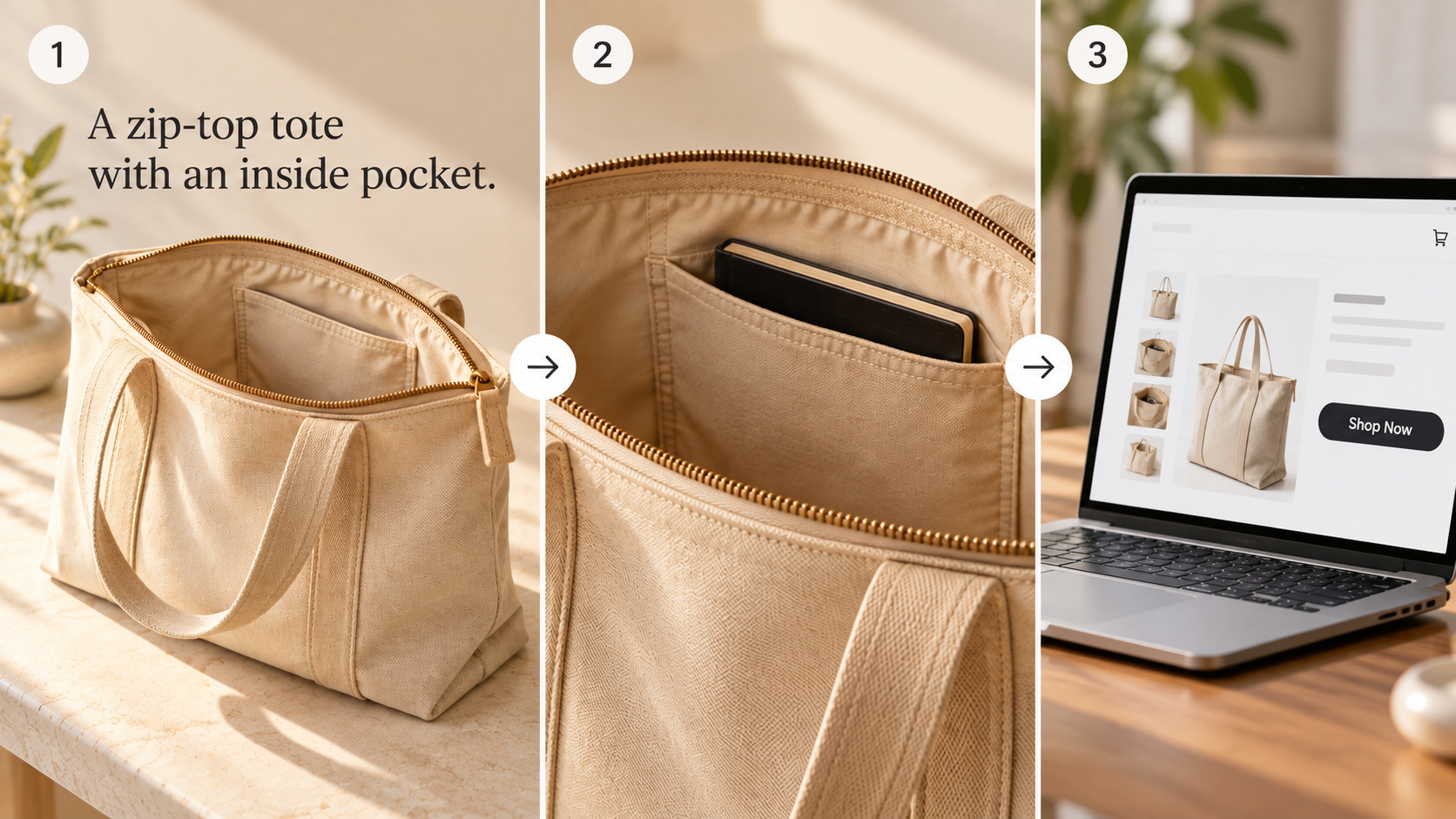 Three-panel example of a zip-top tote, its inside pocket and a matching product page.