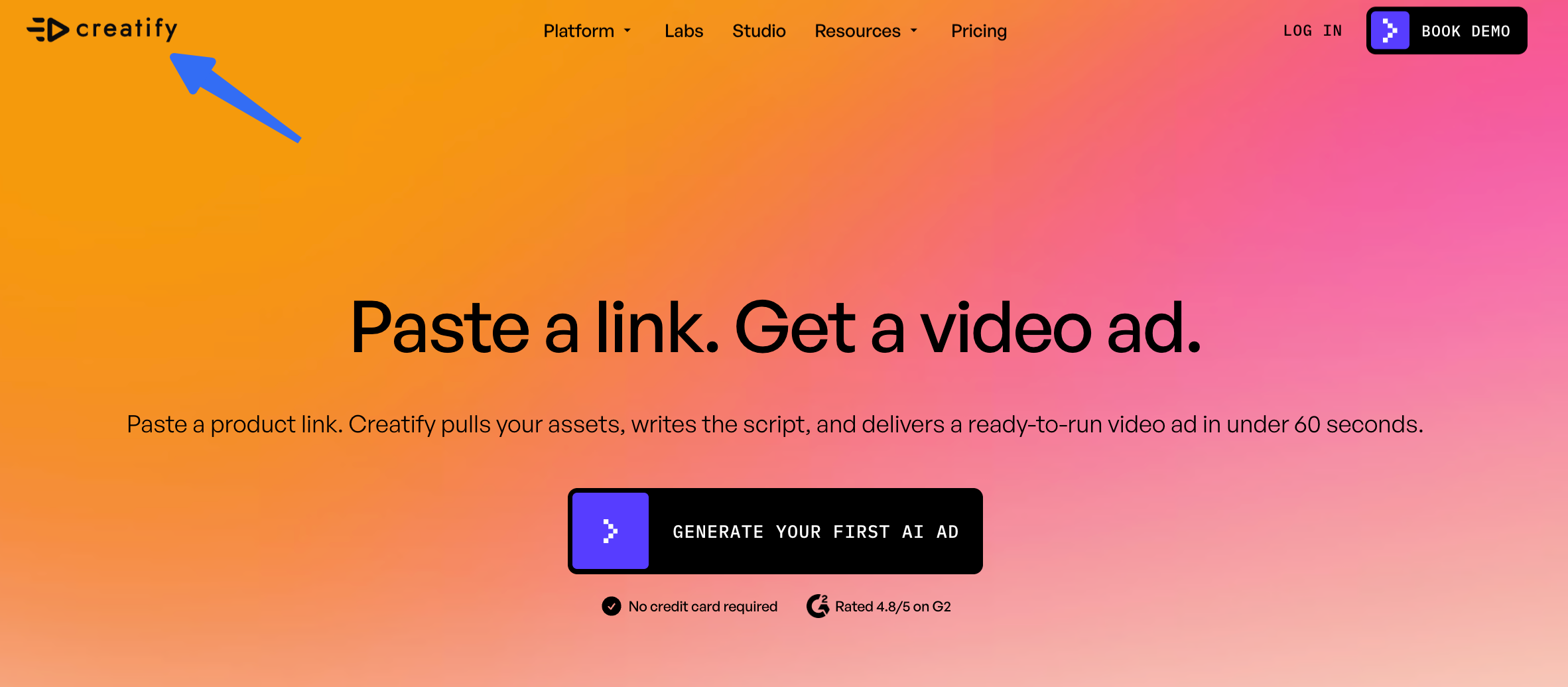 Creatify webpage promoting video ads generated from a product link.