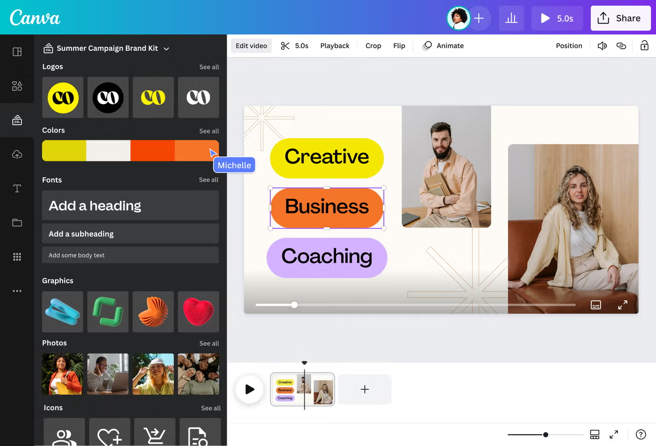 Canva video editor showing a brand kit, design canvas and timeline.