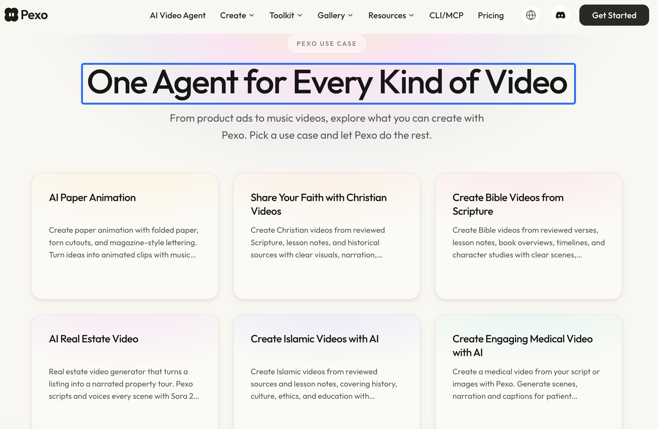 Pexo use-case page headed One Agent for Every Kind of Video, with example use-case cards.