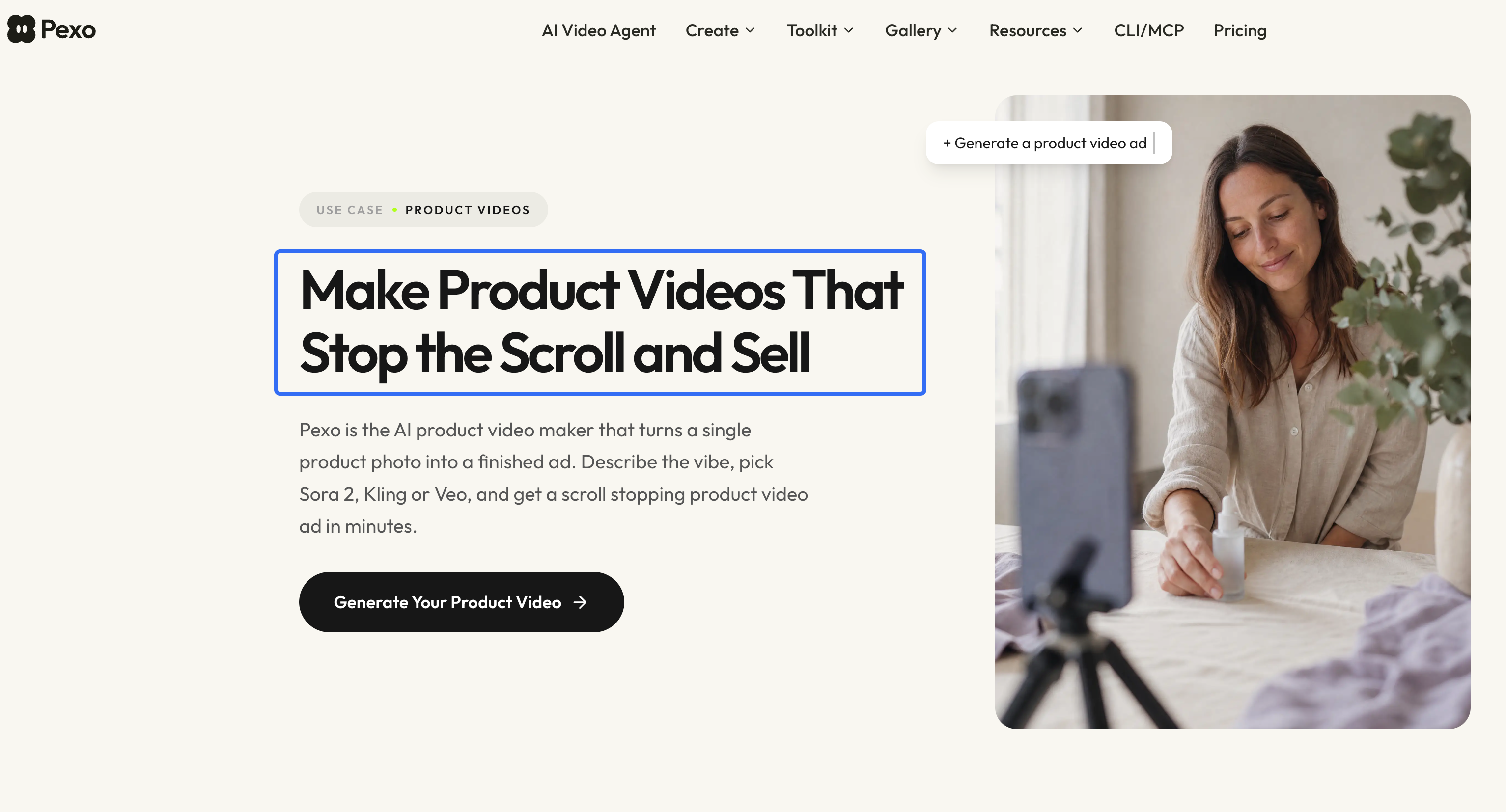 Pexo product video webpage with a headline about product videos and a woman filming a product.