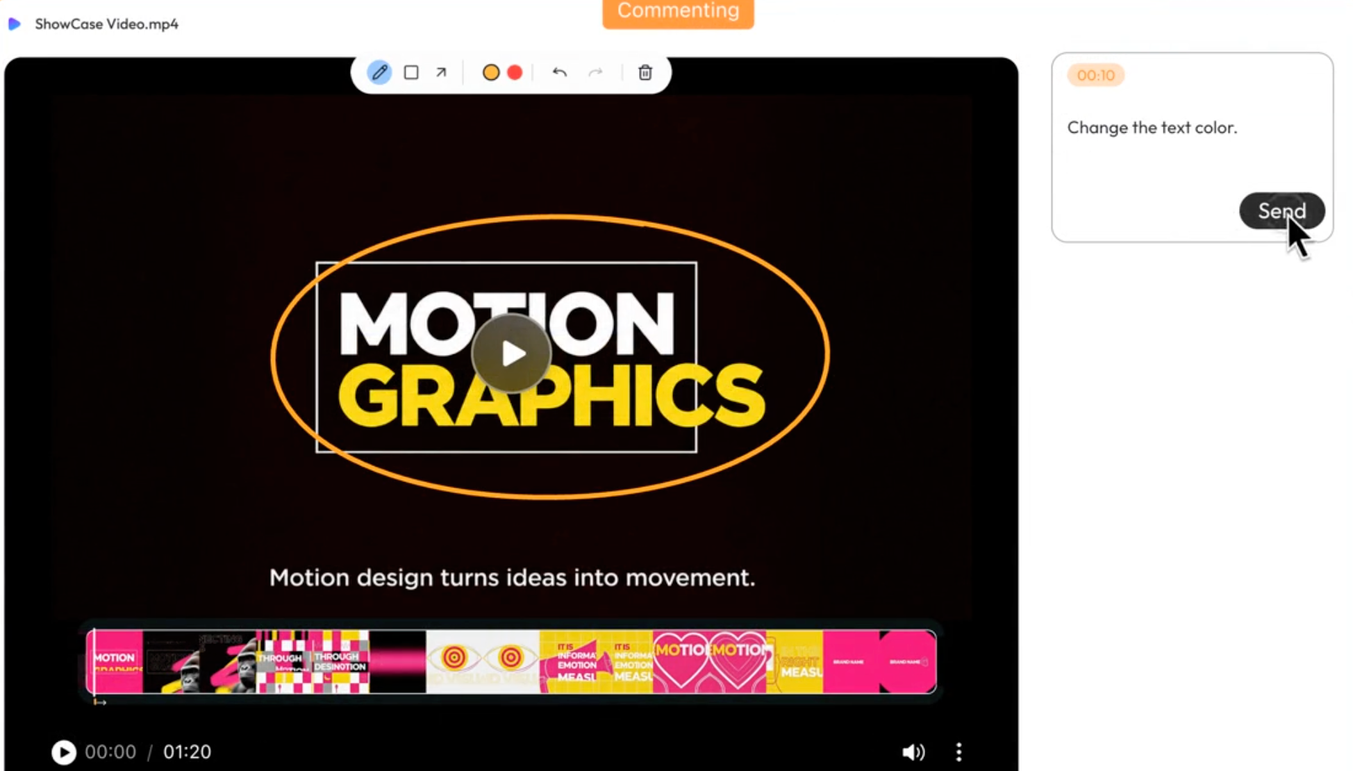 Video review interface with an annotated frame and a comment asking to change text color.