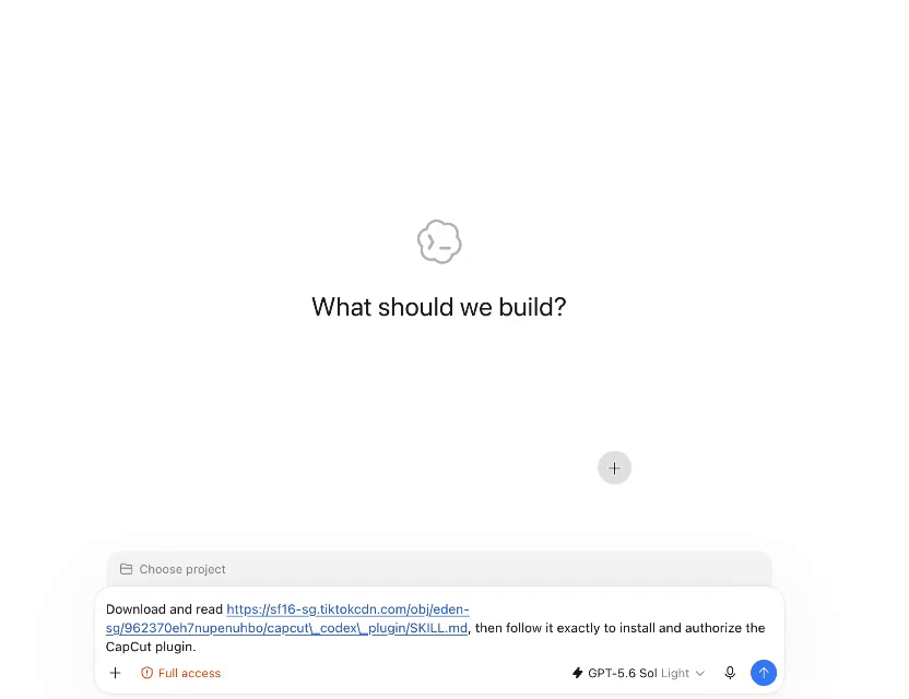 ChatGPT prompt screen showing a request to install and authorize a CapCut plugin.