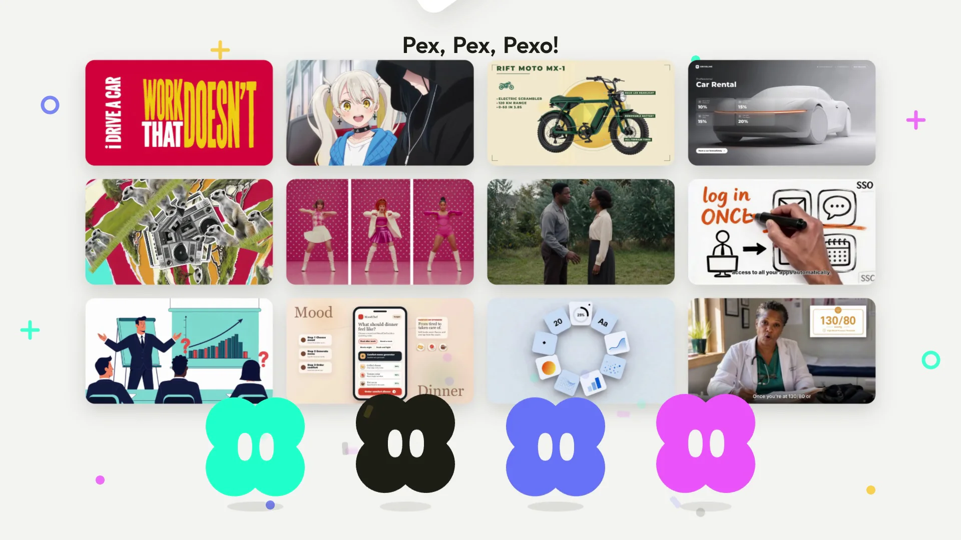 Pexo gallery illustration with rows of video examples and colored Pexo icons.