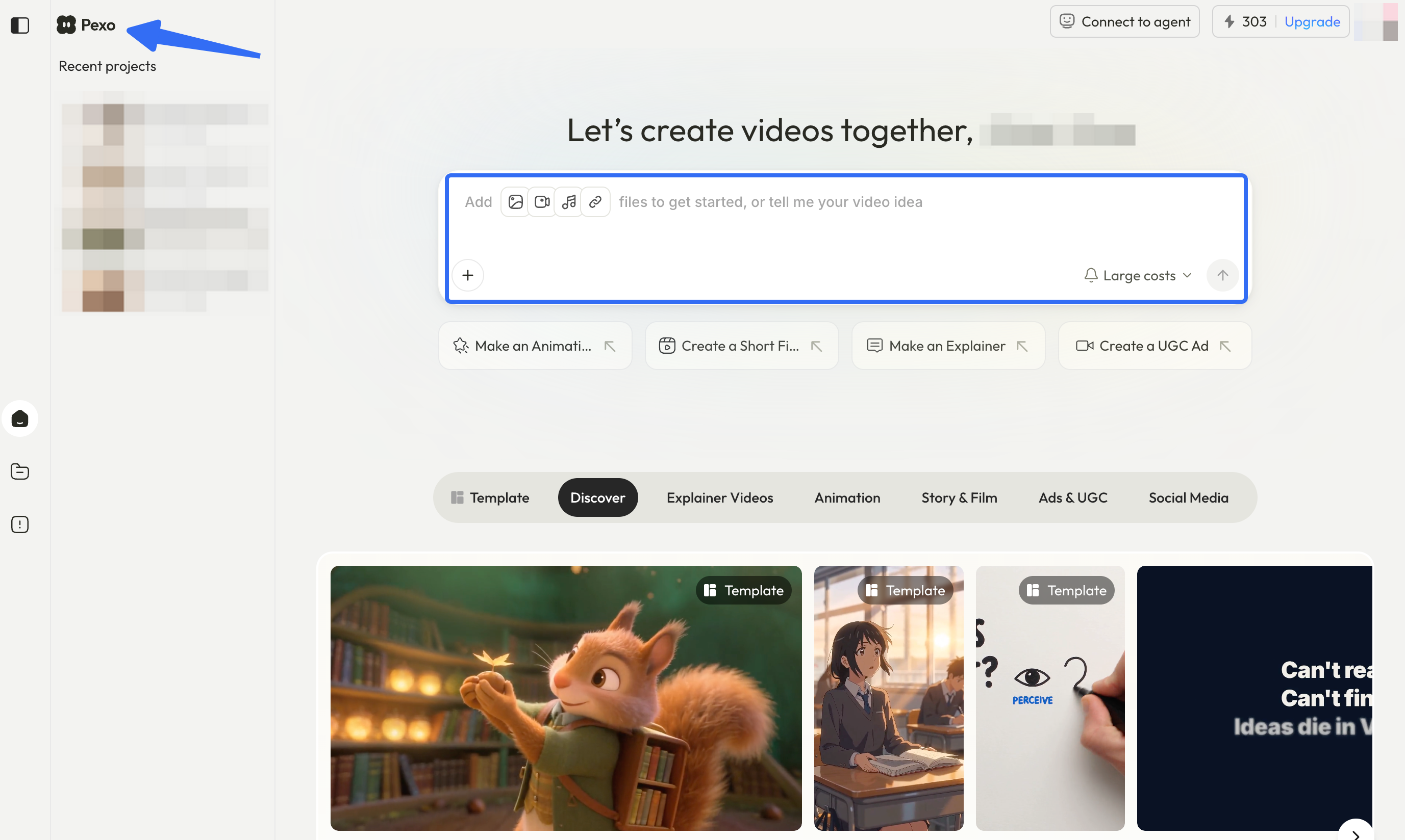 Pexo workspace highlighting the field for adding files or describing a video idea.