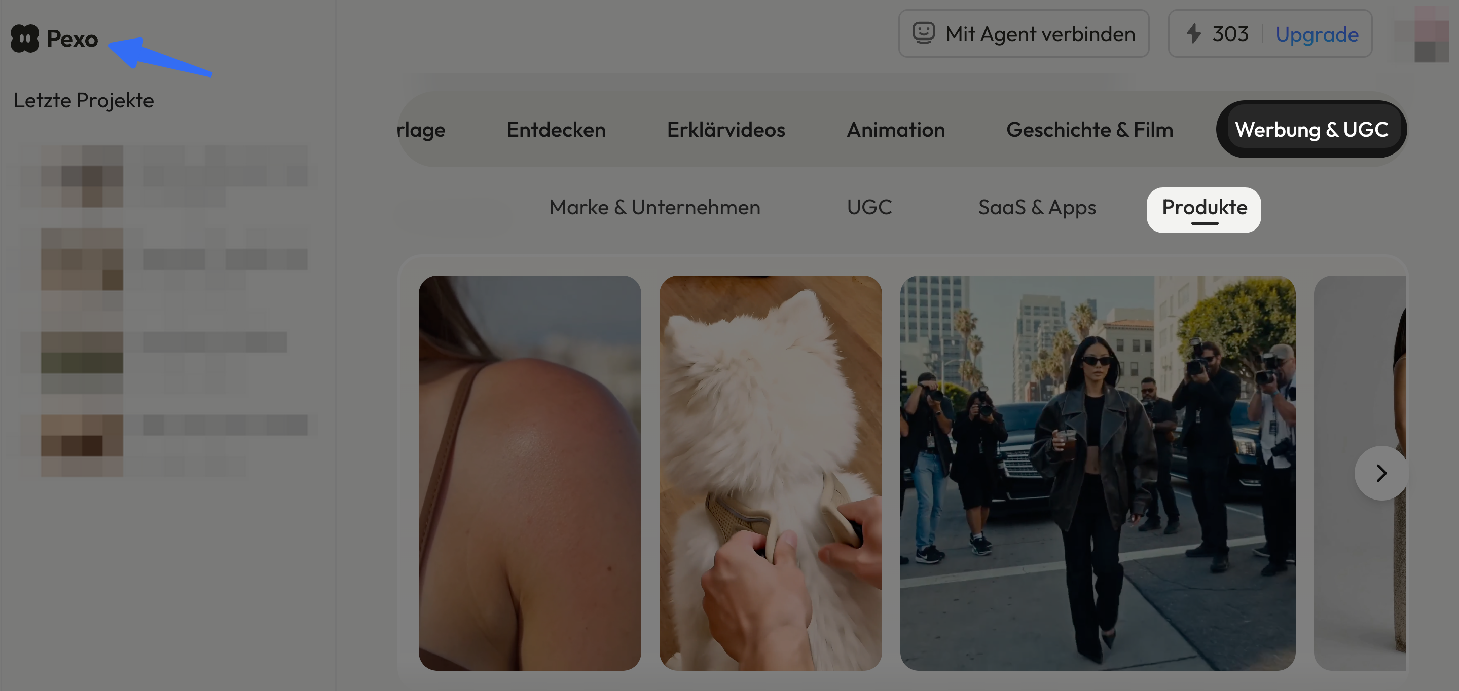 Pexo-Galerie mit ausgewähltem Bereich „Werbung & UGC“ und Produktbeispielen.