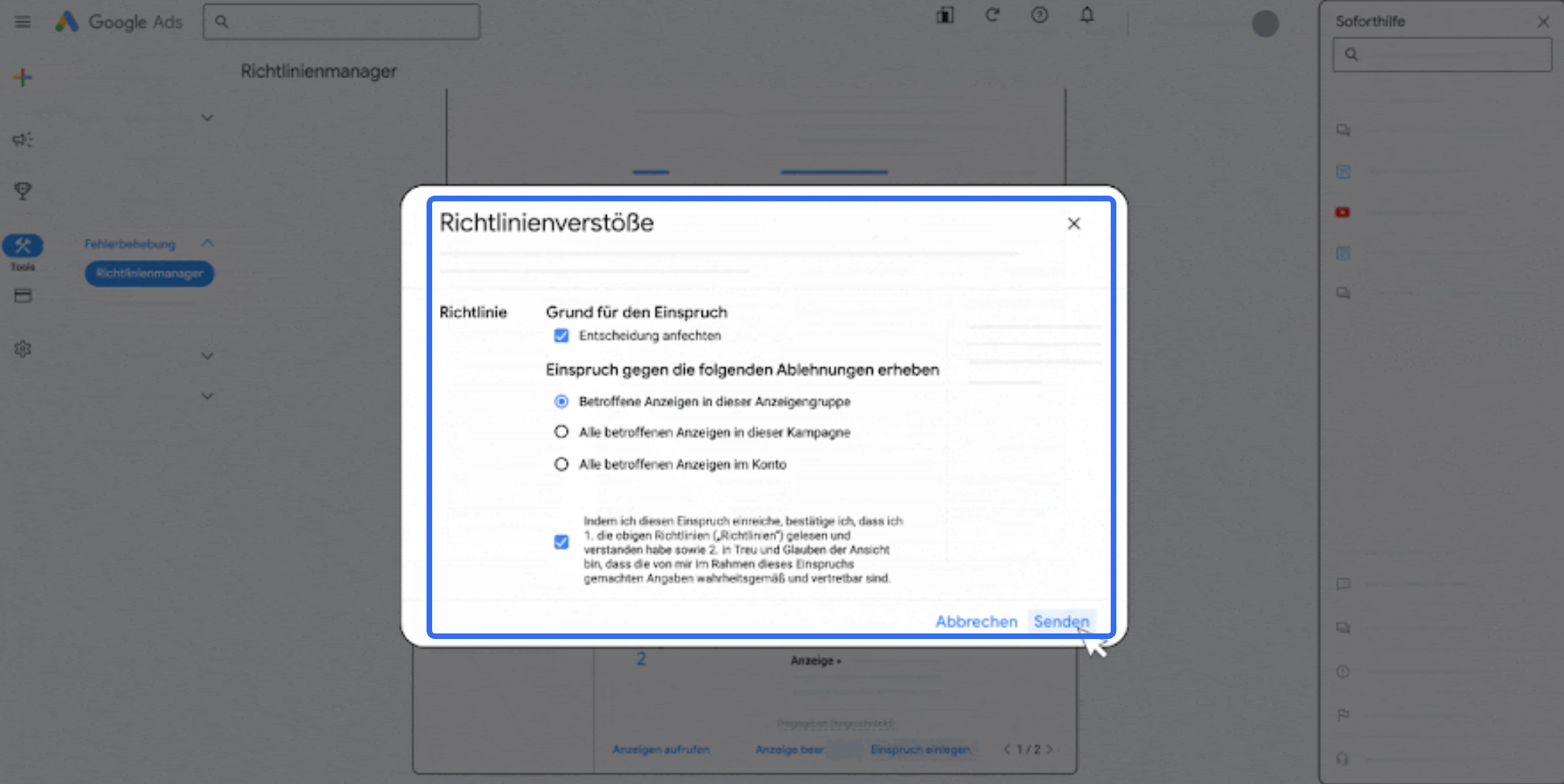 Google-Ads-Oberfläche mit einem Dialog zu Richtlinienverstößen und Einspruch gegen abgelehnte Anzeigen.