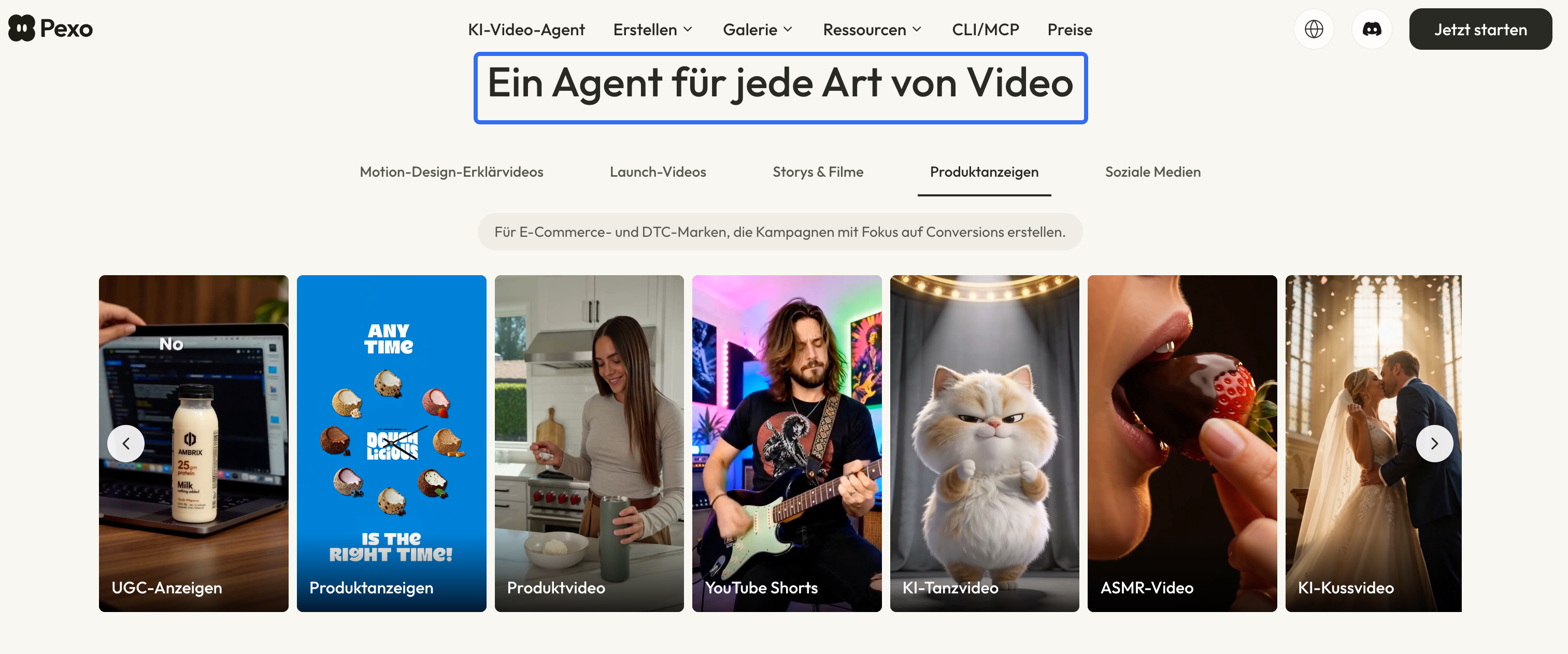 Deutsche Pexo-Webseite mit dem Bereich „Produktanzeigen“ und mehreren Videobeispielen.