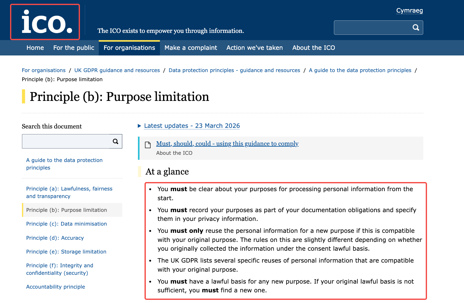 ICO guidance page about the purpose limitation principle