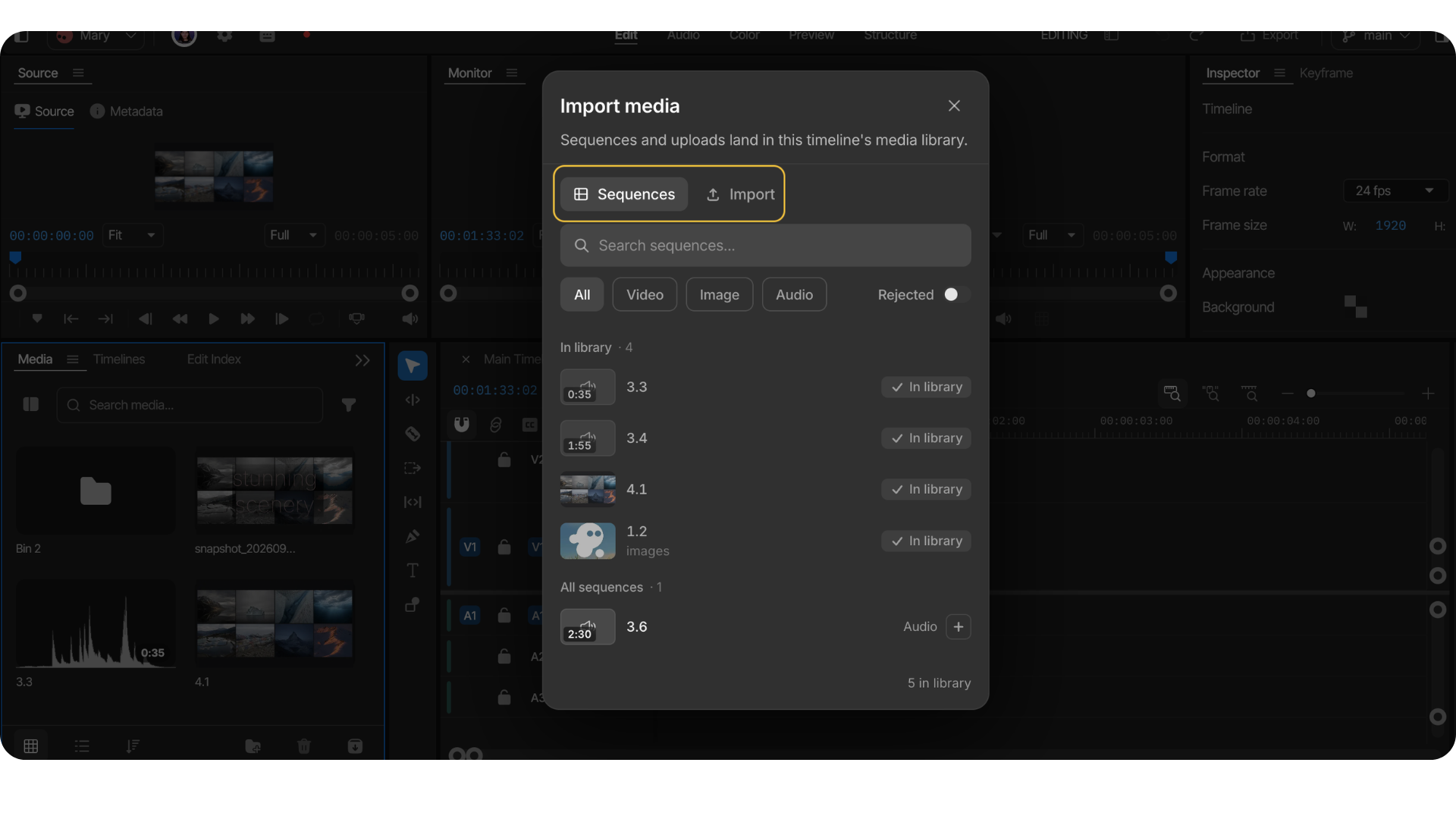 InVideo editor import media panel showing sequences and uploaded assets
