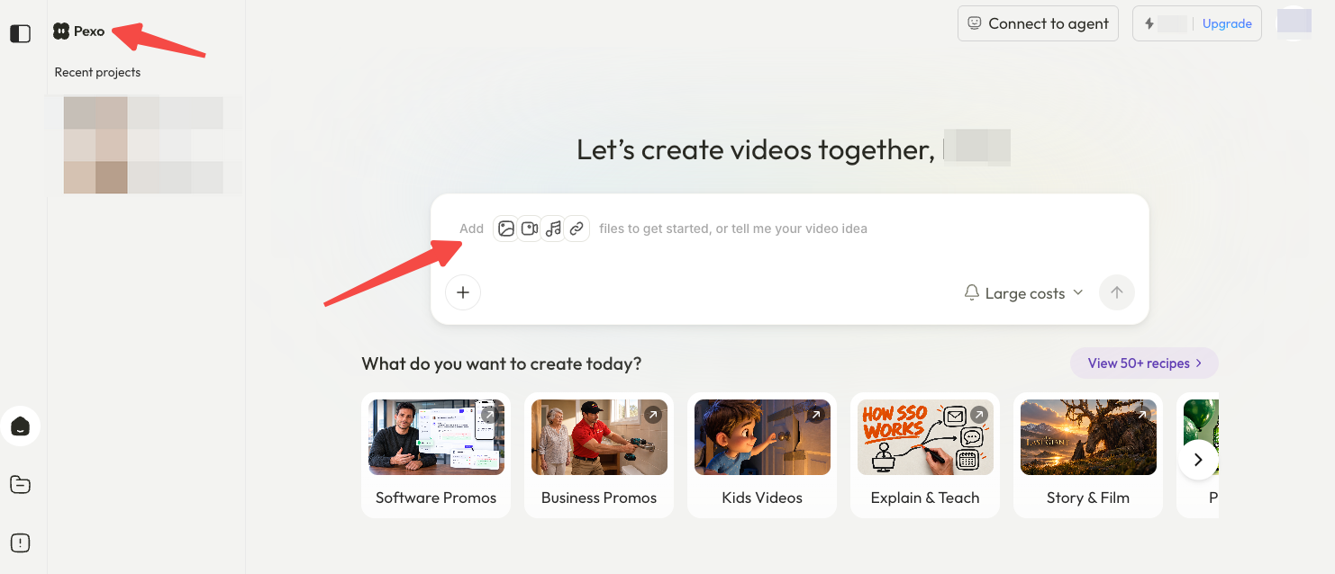Pexo workspace showing options to add product images and video to a prompt