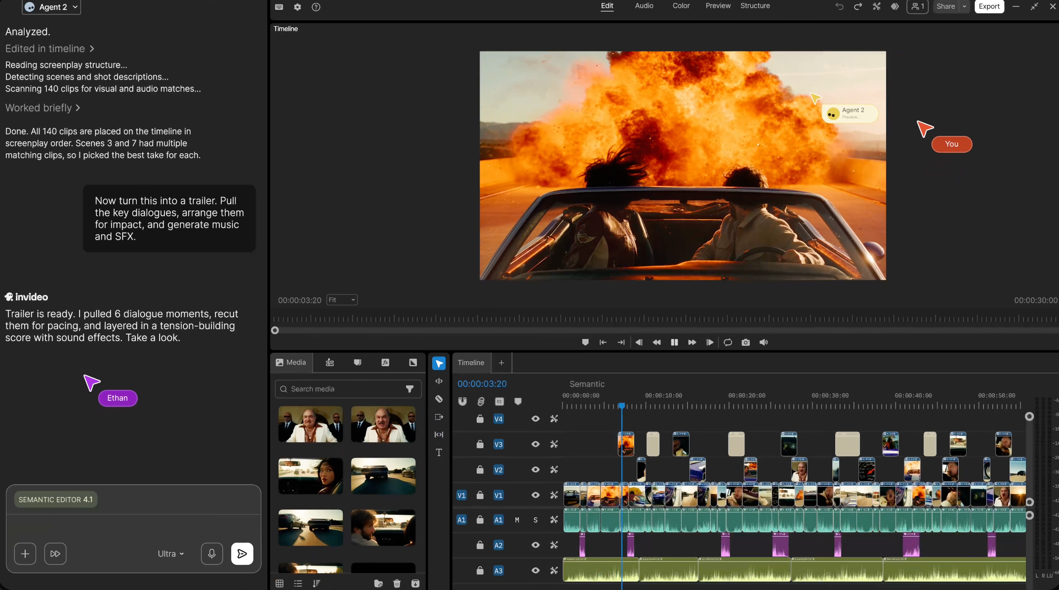 InVideo agent conversation beside a multitrack video editing timeline