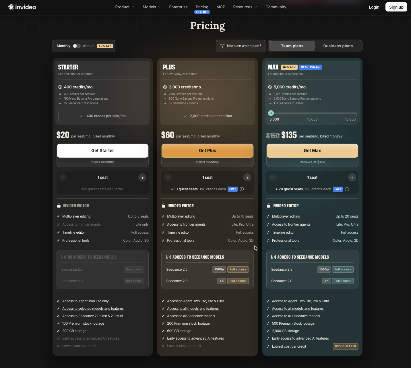 InVideo pricing page showing Starter, Plus, and Max team plans