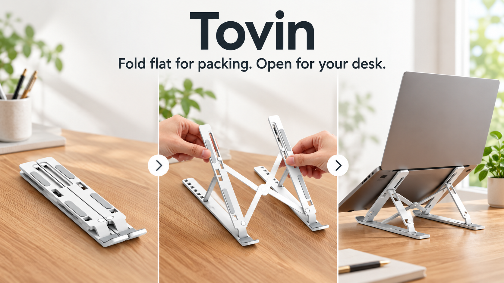 Fictional Tovin laptop stand shown folded, opening, and supporting a laptop