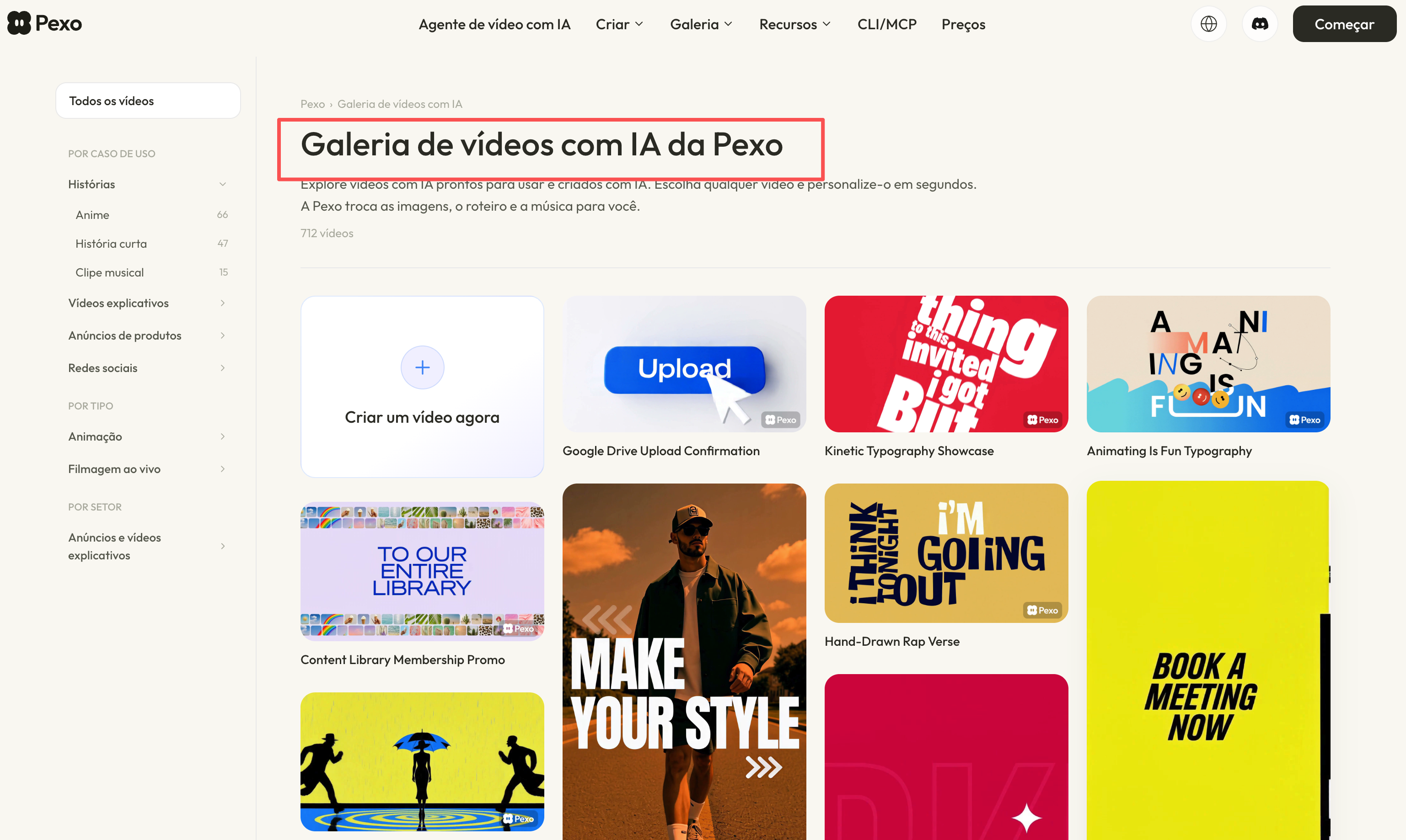 Galeria do Pexo com exemplos de vídeos para divulgação de produtos