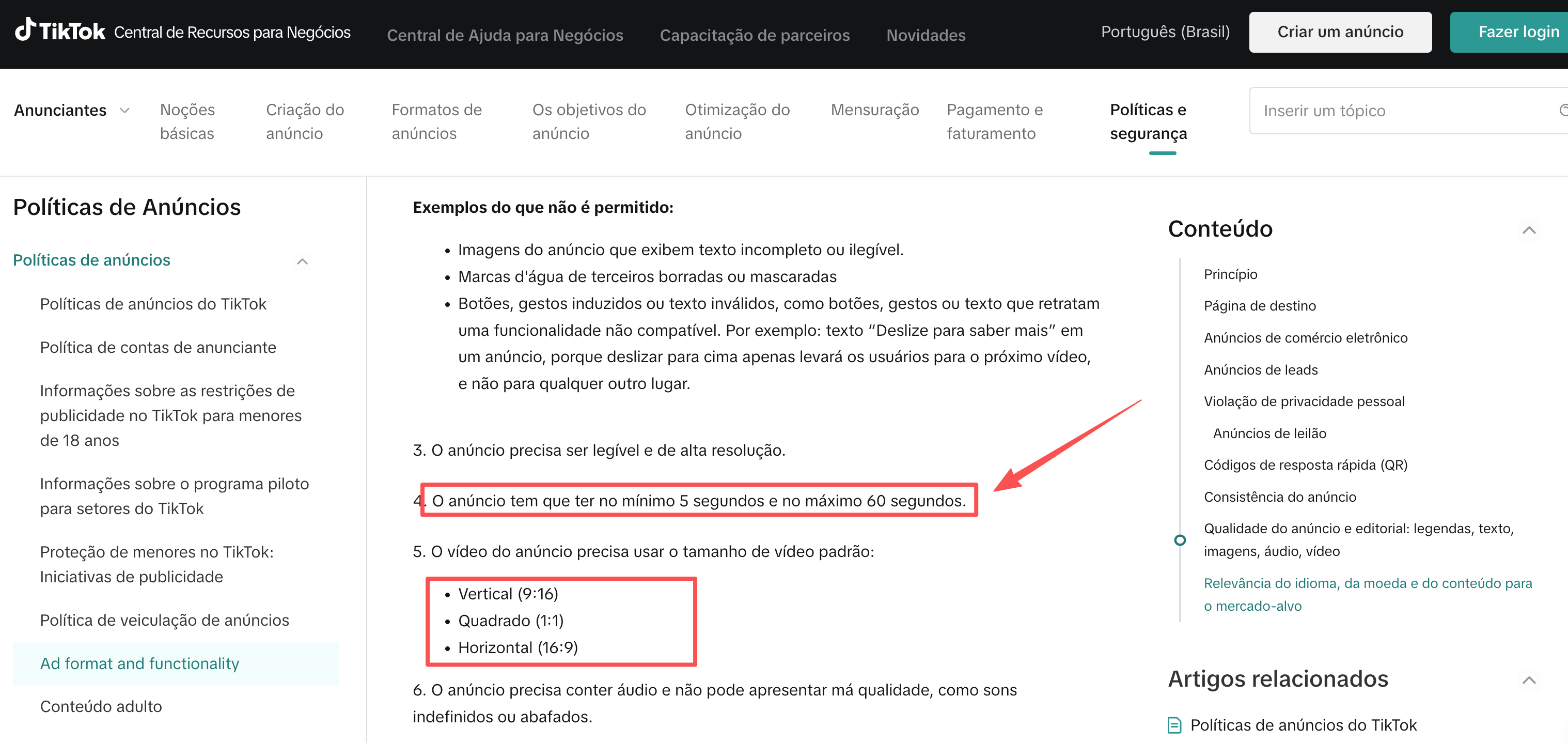 Especificações de anúncios do TikTok para vídeos de divulgação de produtos