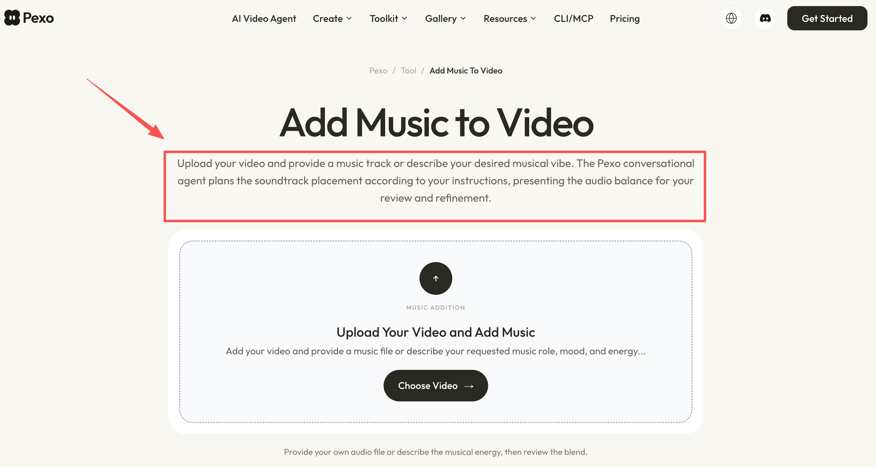 PexoのAdd Music to Videoで商品動画に音楽を追加する画面