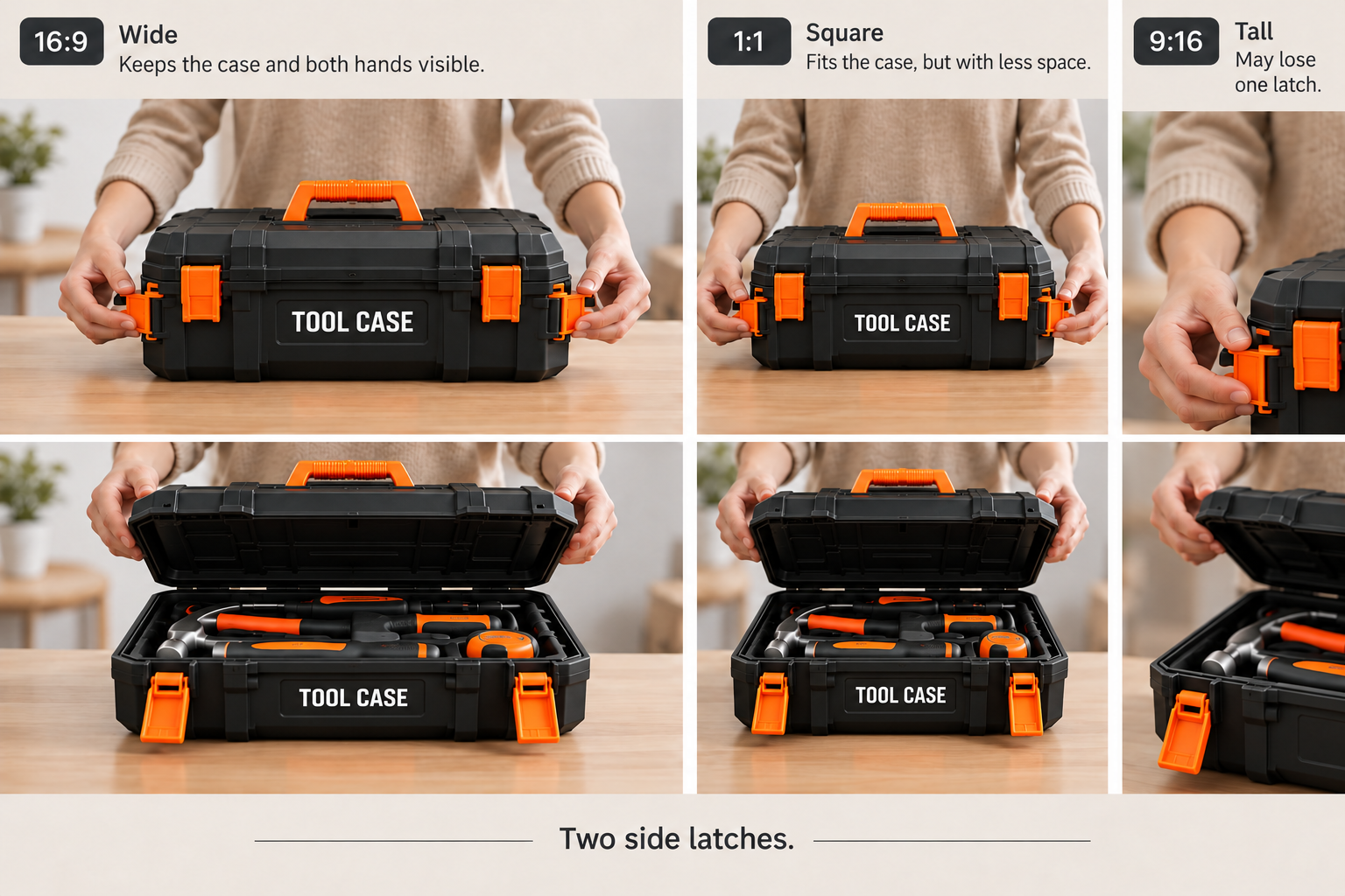 Illustration comparing a tool case demonstration in 16:9, 1:1, and 9:16 frames, showing how a tall crop can lose one latch