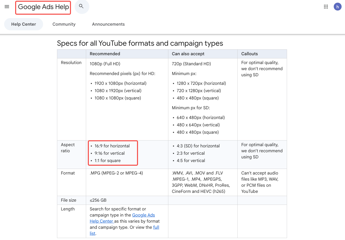Google Ads Help specifications table showing horizontal 16:9, vertical 9:16, and square 1:1 recommendations with pixel dimensions