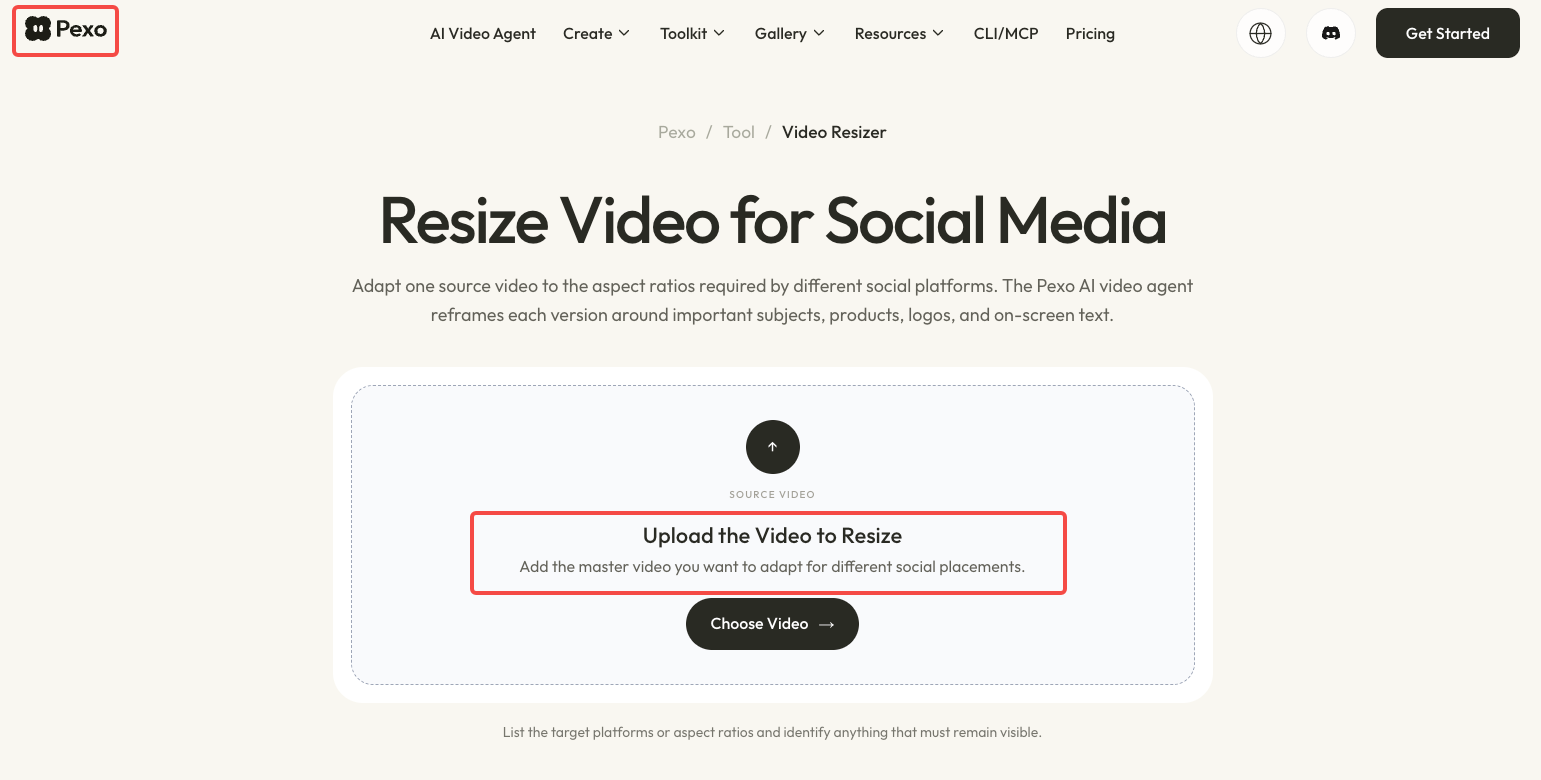 Pexo Video Resizer page with a source video upload area and instructions to identify target ratios and details to preserve