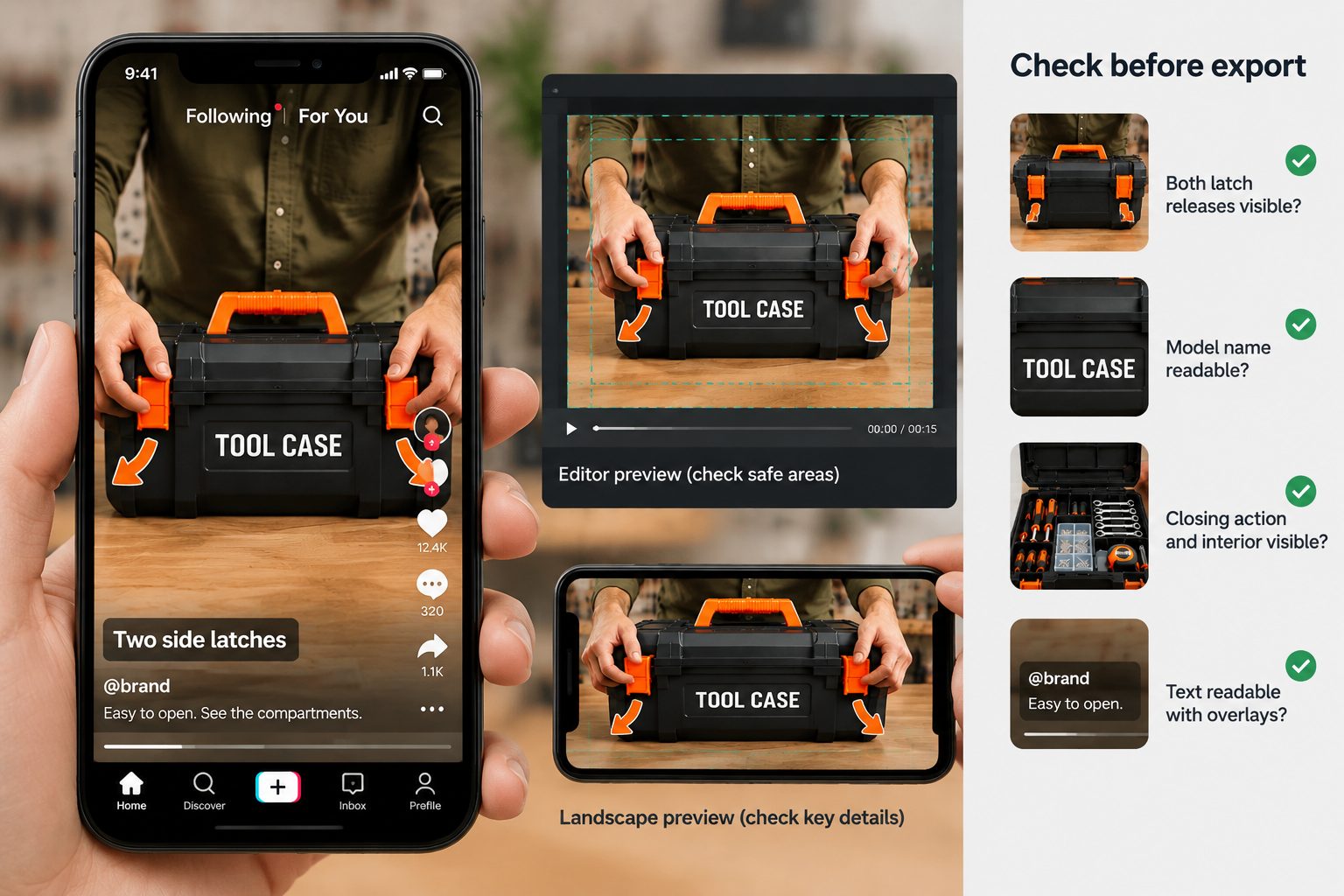 Illustration of mobile and editor previews with export checks for latch visibility, model name, closing action, and text under overlays