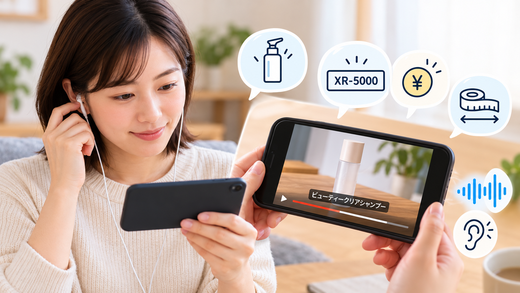 スマートフォンで商品説明動画のAIナレーションを確認する視聴場面
