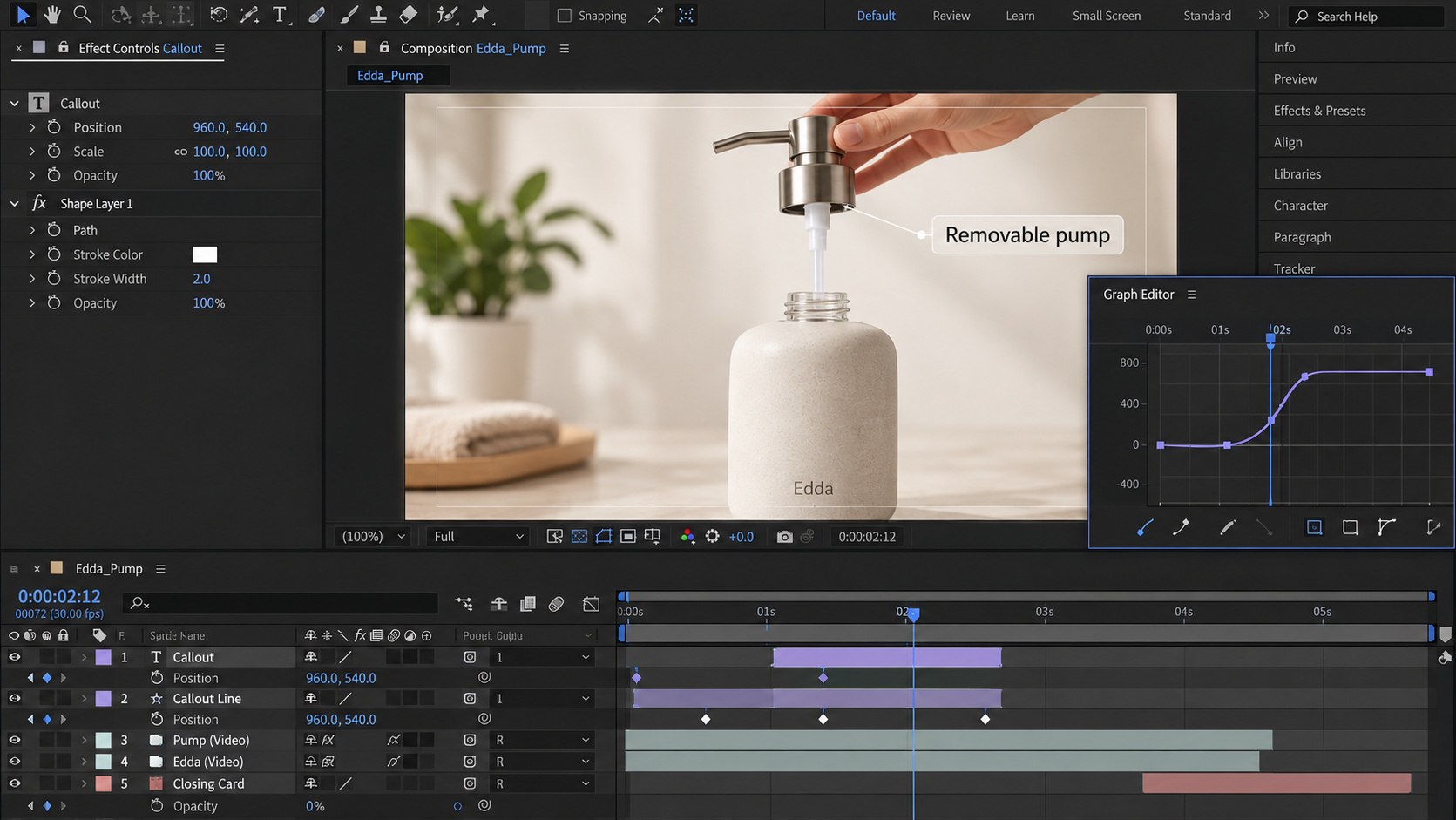 After Effects-style interface showing an Edda pump callout, layered timeline keyframes, and a Graph Editor curve