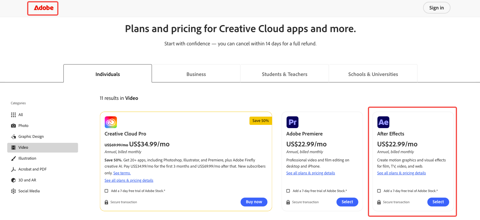 Adobe Creative Cloud pricing page with the After Effects annual plan billed monthly highlighted