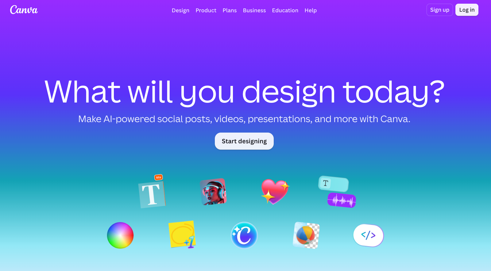 Canva homepage inviting users to create designs, videos, presentations, and social posts