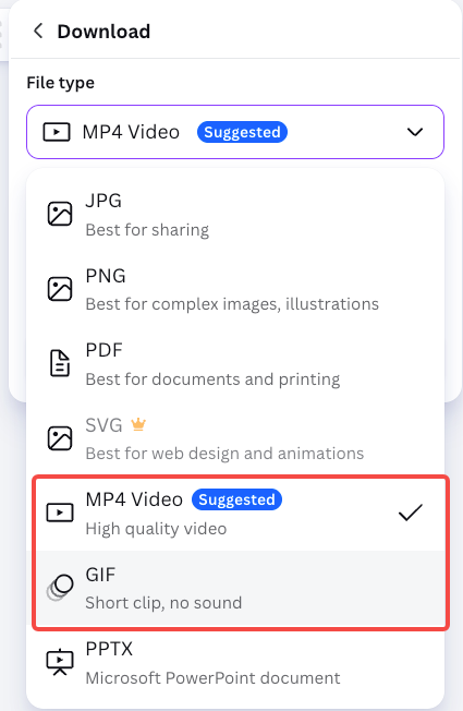 Canva download menu with MP4 Video and GIF export options highlighted