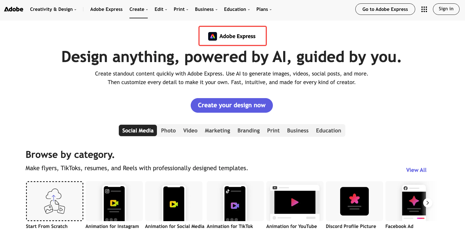 Adobe Express homepage with design categories and animated social content examples