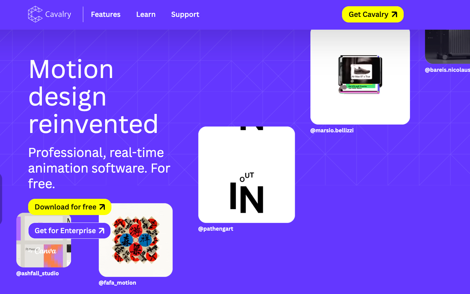 Cavalry homepage promoting real-time motion design software with free download and enterprise options