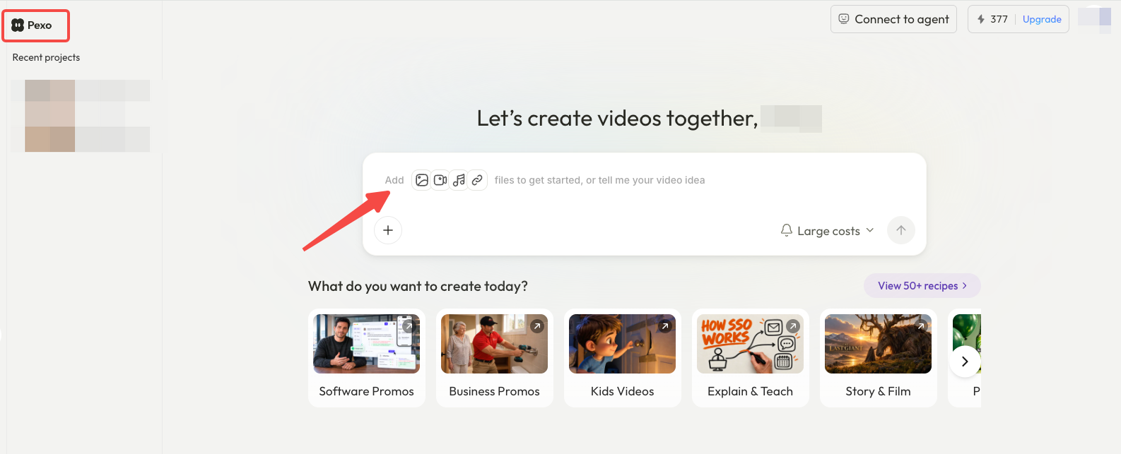 Pexo workspace with image, video, audio, and link inputs above example video categories