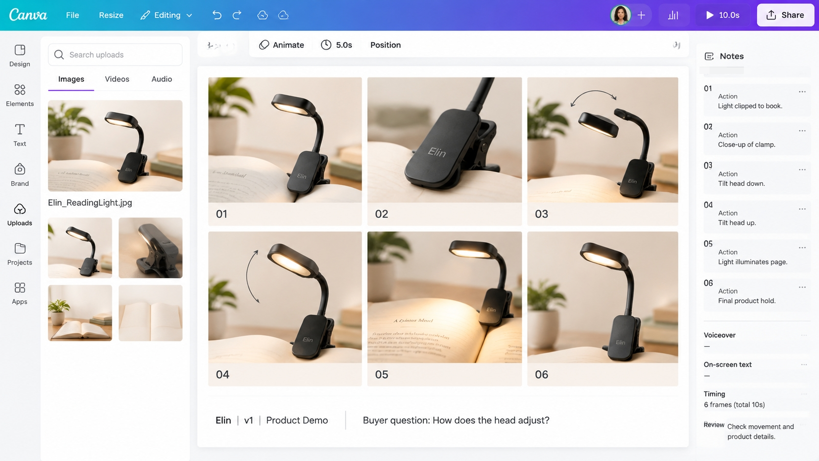 Canva-style storyboard editor showing six Elin reading light panels with uploaded references and scene notes