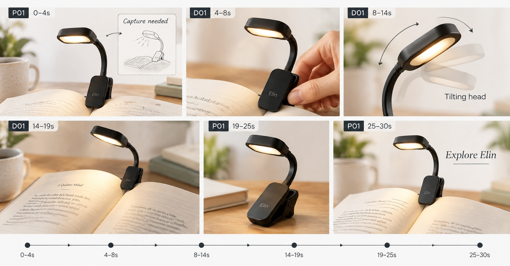 Illustrated six-scene Elin reading light storyboard with P01 and D01 source identifiers and a 30-second timeline