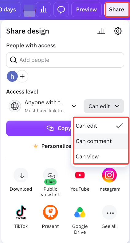 Canva Share design panel with Can edit, Can comment, and Can view access options