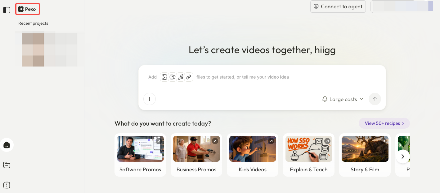 Pexo workspace with source media inputs and a prompt area for starting video production
