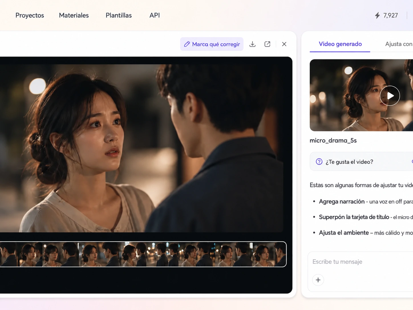 Creación de un microdrama a partir de un prompt y una foto en el editor de Pexo
