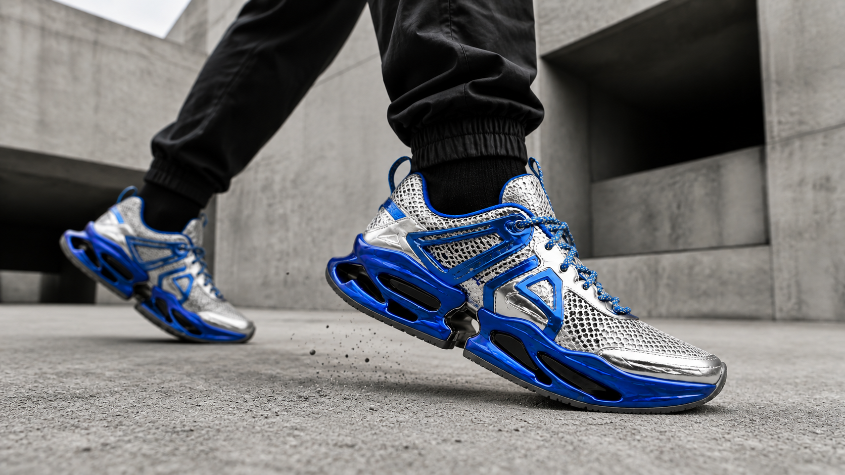 Blue running shoes on concrete steps