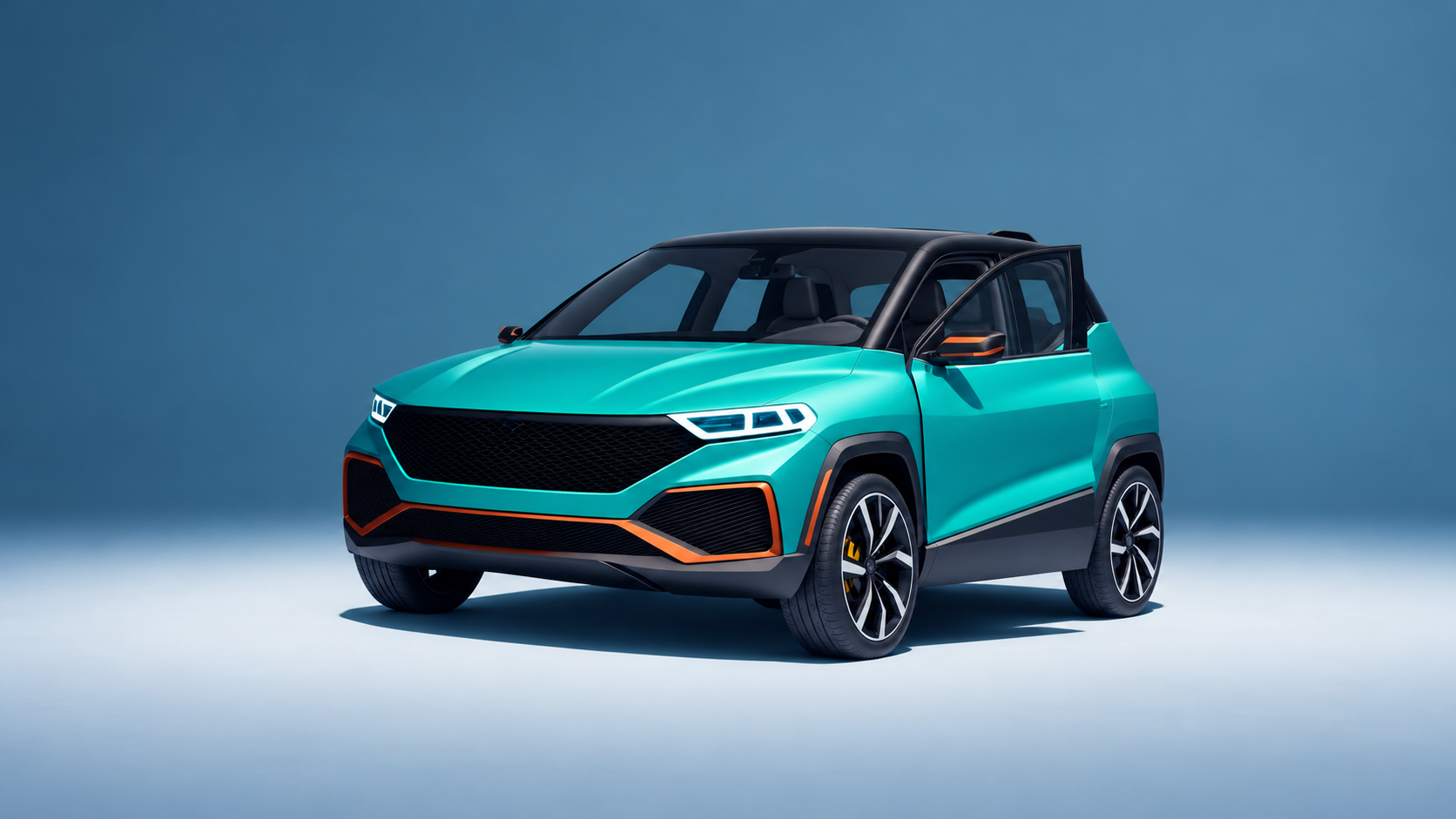 Teal SUV in a studio