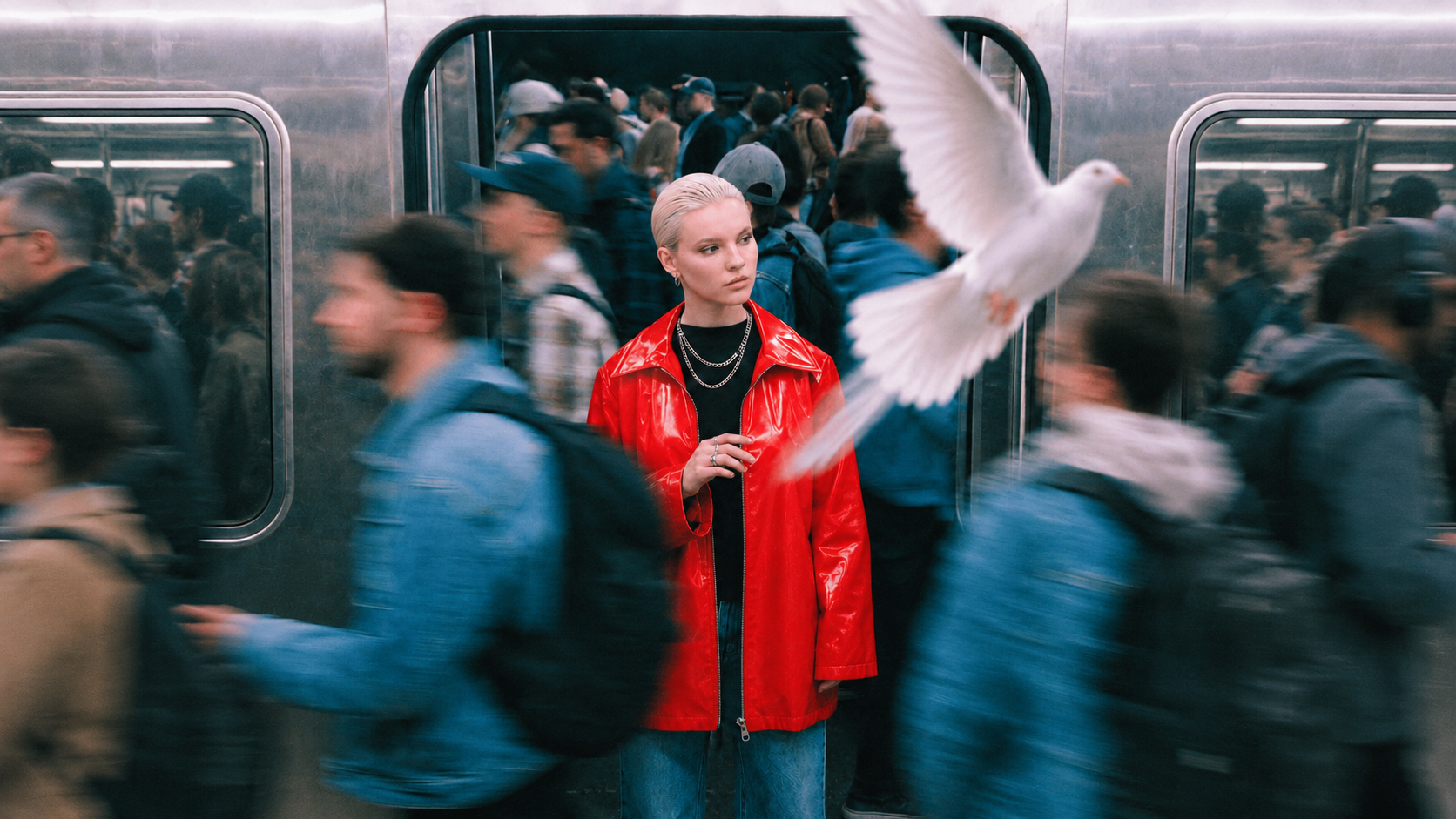Person in red with a bird in a crowded street