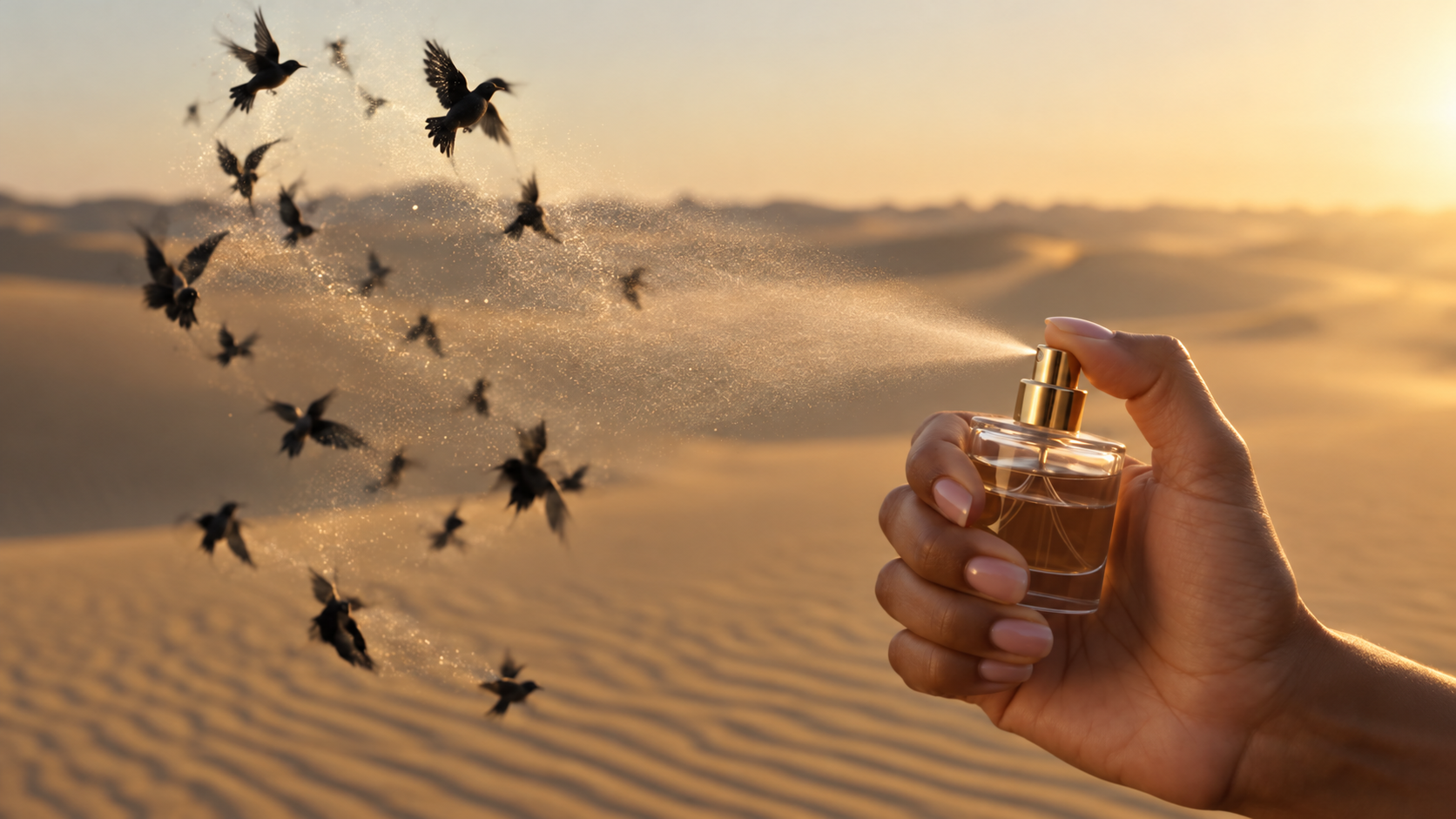 Perfume bottle in front of a desert landscape