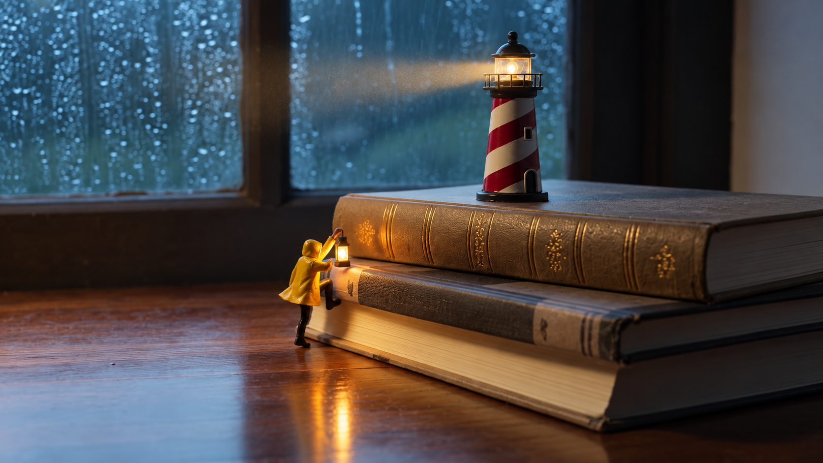Books and a striped lighthouse ornament