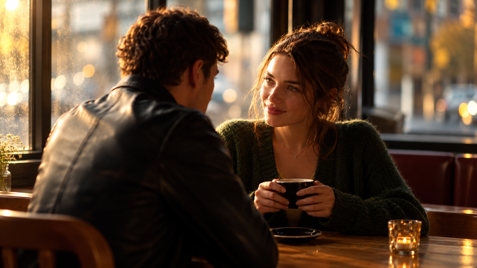 Two people talking in a cafe