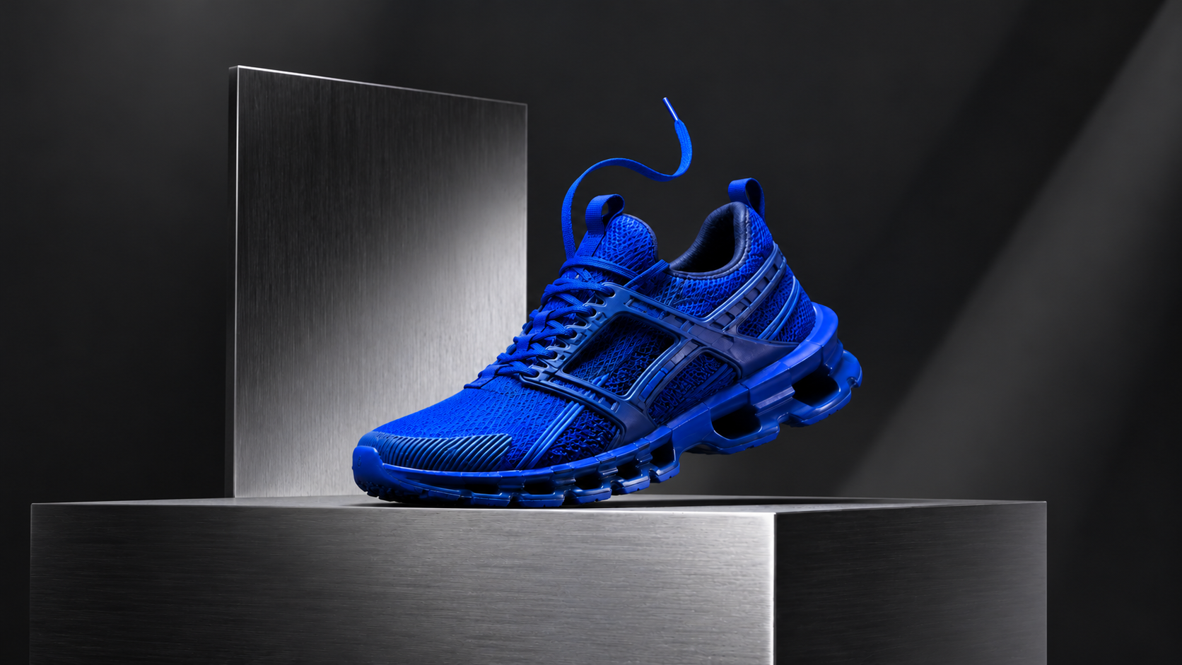 Blue running shoe on a display plinth