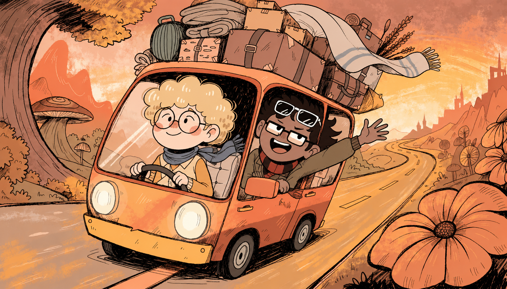 Illustrated road trip in an orange van